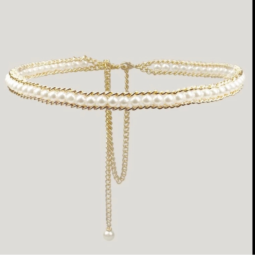 Metal Gold Tone & Pearl Chain Belt NWOT
